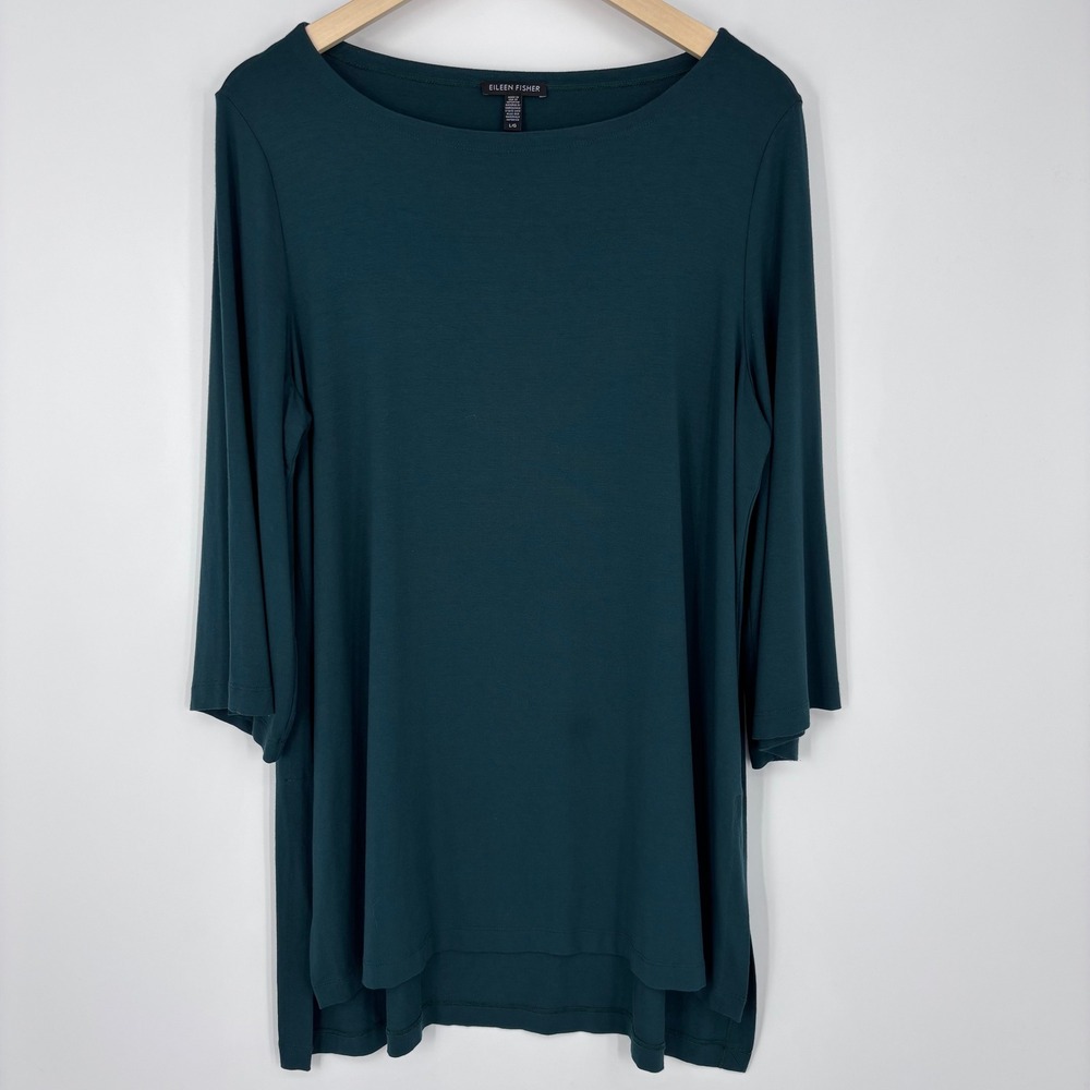 Eileen Fisher Tunic Top Womens Large Green‎ Viscose Stretch Boat Neck Minimalist